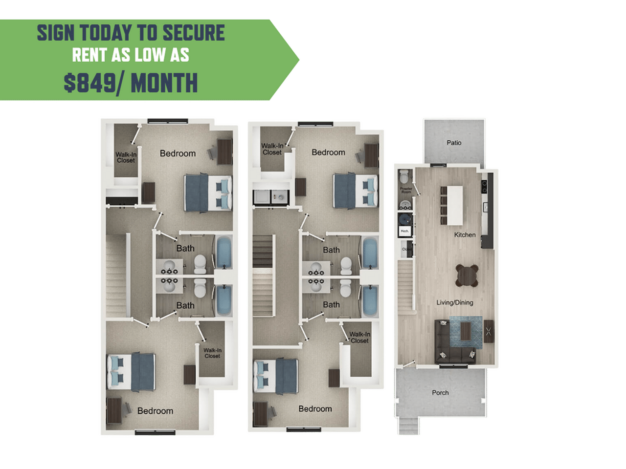 A 3D image of the 4BR/4.5BA -Beasley B floorplan, a 2175 squarefoot, 4 bed / 4.5 bath unit
