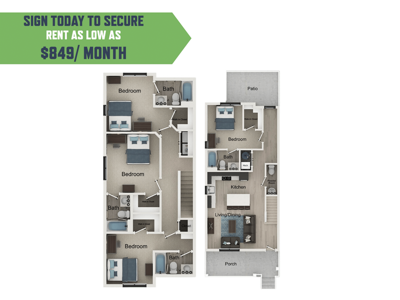 A 3D image of the 4BR/4.5BA – Campbell A floorplan, a 1615 squarefoot, 4 bed / 4.5 bath unit