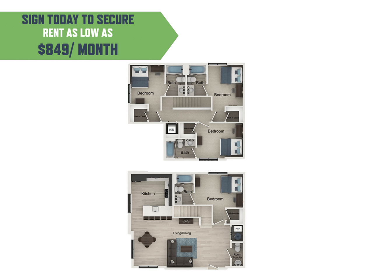 A 3D image of the 4BR/4.5BA – Garfield A floorplan, a 1500 squarefoot, 4 bed / 4.5 bath unit