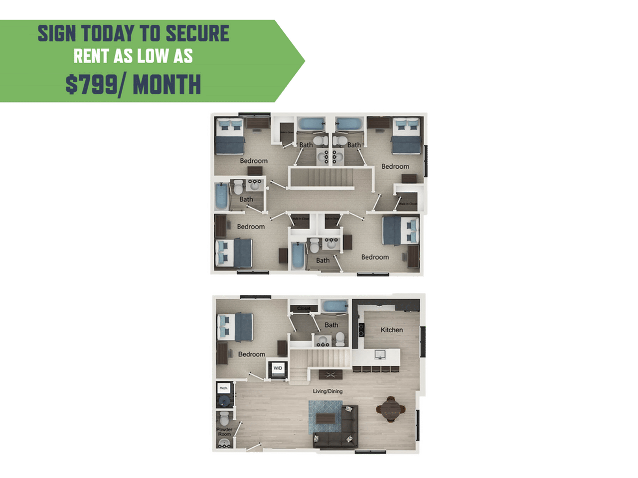 A 3D image of the 5BR/5.5BA – Garfield B floorplan, a 1785 squarefoot, 5 bed / 5.5 bath unit