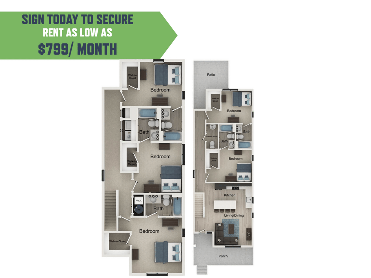A 3D image of the 5BR/5.5BA – Glenn floorplan, a 2080 squarefoot, 5 bed / 5.5 bath unit
