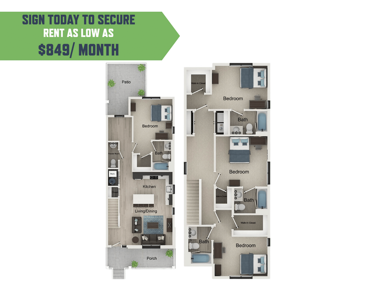 A 3D image of the 4BR/4.5BA – Heath floorplan, a 1670 squarefoot, 4 bed / 4.5 bath unit
