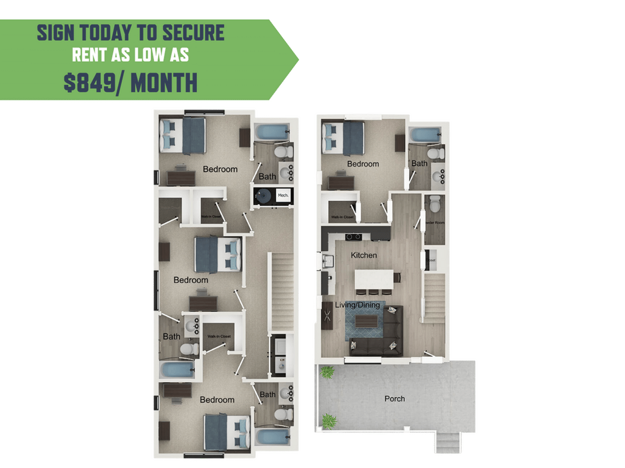 A 3D image of the 4BR/4.5BA – Pemberton floorplan, a 1400 squarefoot, 4 bed / 4.5 bath unit