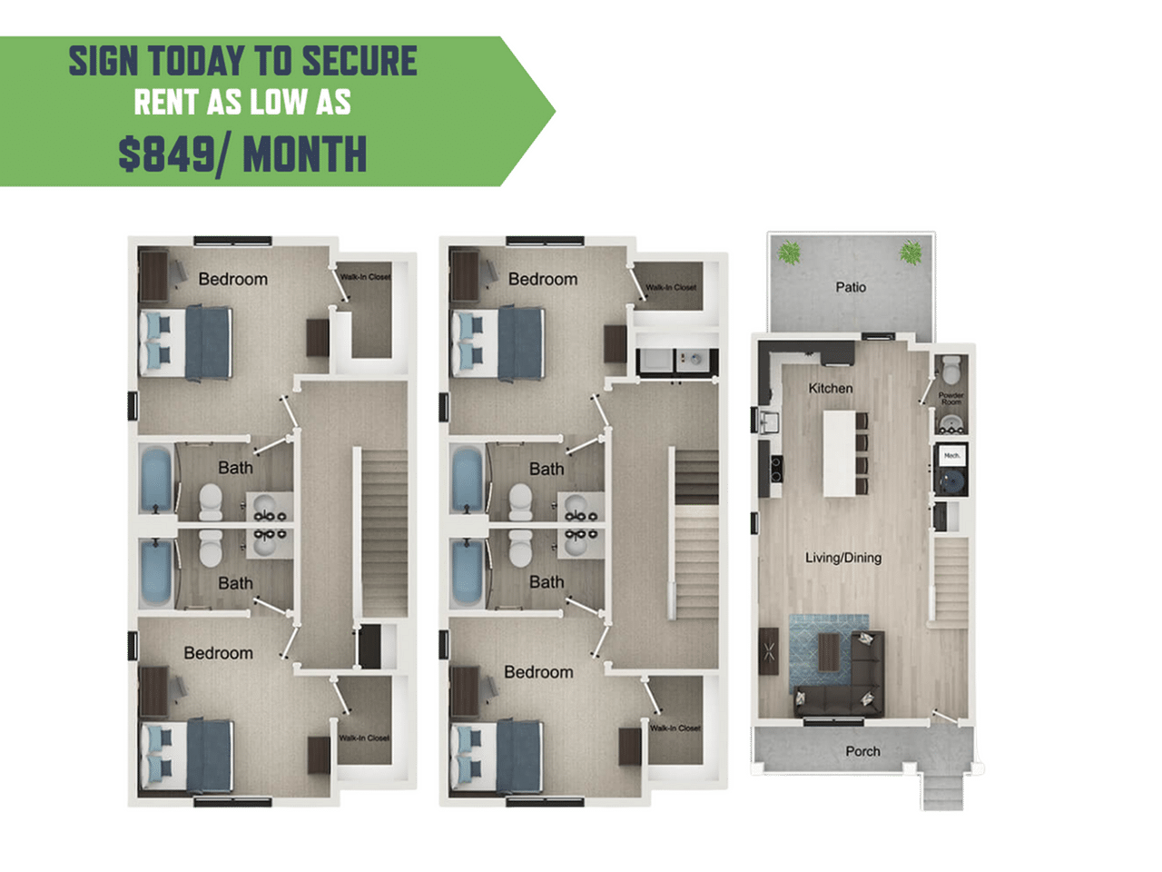 A 3D image of the 4BR/4.5BA – Sutherland A floorplan, a 1840 squarefoot, 4 bed / 4.5 bath unit