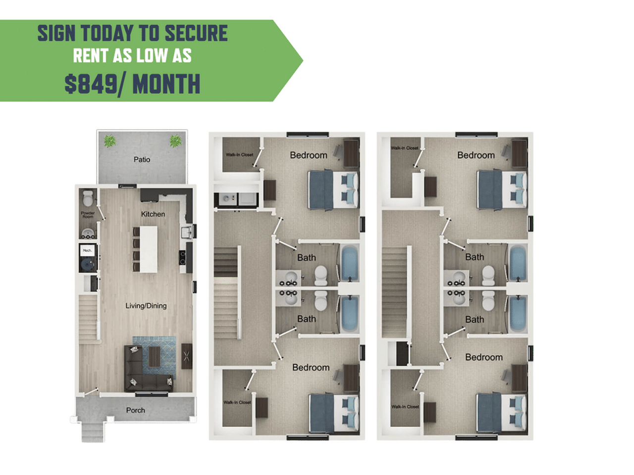 A 3D image of the 4BR/4.5BA – Sutherland B floorplan, a 1905 squarefoot, 4 bed / 4.5 bath unit