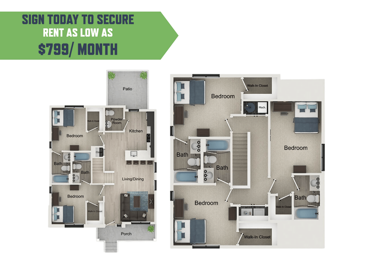 A 3D image of the 5BR/5.5BA – Upton floorplan, a 1780 squarefoot, 5 bed / 5.5 bath unit