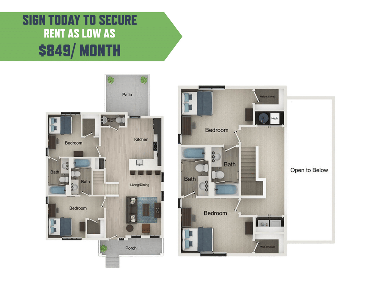 A 3D image of the 4BR/4.5BA – Vega floorplan, a 1625 squarefoot, 4 bed / 4.5 bath unit