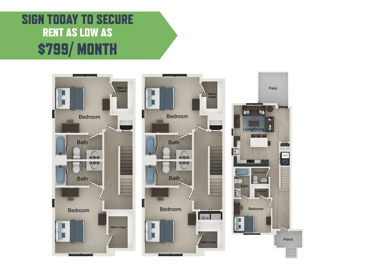 A 3D image of the 5BR/5.5BA – Whitaker floorplan, a 2160 squarefoot, 5 bed / 5.5 bath unit